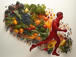 ai generato silhouette di un' uomo in esecuzione su il sfondo di verdure e frutta salutare mangiare generativo ai foto