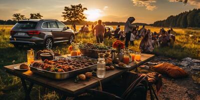 ai generato famiglia su un' picnic generativo ai foto