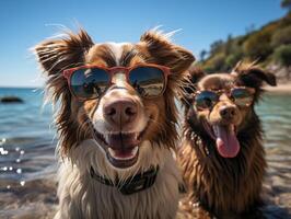 ai generato cani nel occhiali da sole su il sfondo di il spiaggia generativo ai foto