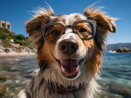 ai generato cani nel occhiali da sole su il sfondo di il spiaggia generativo ai foto