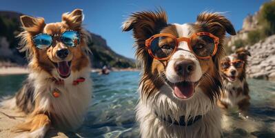 ai generato cani nel occhiali da sole su il sfondo di il spiaggia generativo ai foto