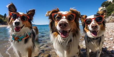 ai generato cani nel occhiali da sole su il sfondo di il spiaggia generativo ai foto