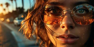 ai generato bellissimo donna nel occhiali da sole su il sfondo di il azzurro spiaggia generativo ai foto