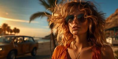 ai generato bellissimo donna nel occhiali da sole su il sfondo di il azzurro spiaggia generativo ai foto