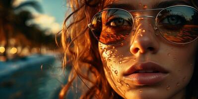 ai generato bellissimo donna nel occhiali da sole su il sfondo di il azzurro spiaggia generativo ai foto