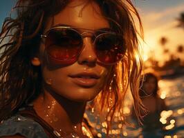 ai generato bellissimo donna nel occhiali da sole su il sfondo di il azzurro spiaggia generativo ai foto