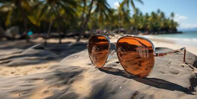 ai generato occhiali da sole menzogna su il spiaggia su il sabbia generativo ai foto