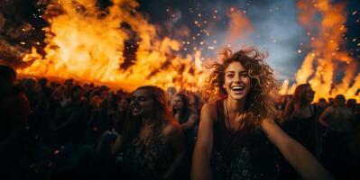 ai generato ragazza avendo divertimento a un' concerto generativo ai foto