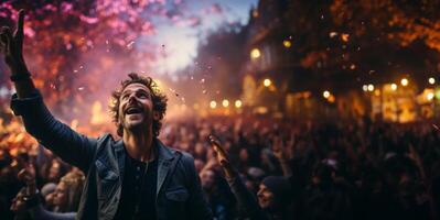 ai generato uomo avendo divertimento a un' concerto generativo ai foto