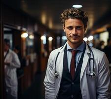 ai generato maschio medico nel un' cappotto con un' stetoscopio generativo ai foto