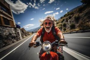 ai generato anziano contento uomo equitazione un' scooter generativo ai foto