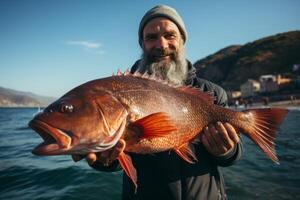 ai generato pescatore Tenere pesce nel il suo mani generativo ai foto