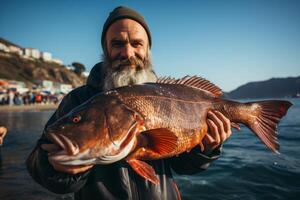 ai generato pescatore Tenere pesce nel il suo mani generativo ai foto