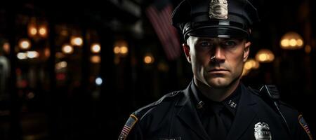 ai generato poliziotto nel uniforme su un' città strada generativo ai foto