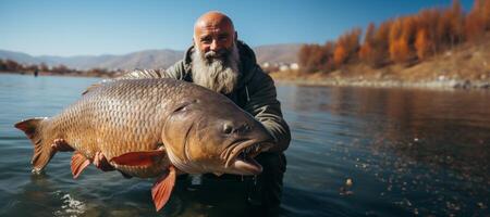 ai generato pescatore Tenere pesce nel il suo mani generativo ai foto