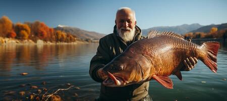 ai generato pescatore Tenere pesce nel il suo mani generativo ai foto