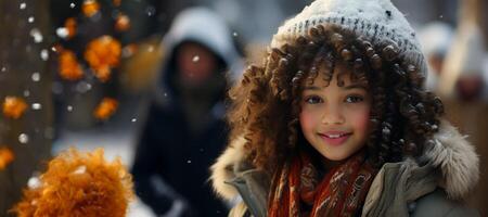 ai generato inverno ritratto di un' bambino ragazza su un' sfocato sfondo generativo ai foto