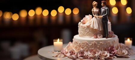 ai generato nozze torta con figure di il sposa e sposo su un' sfocato sfondo generativo ai foto