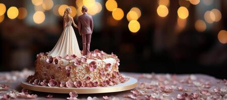 ai generato nozze torta con figure di il sposa e sposo su un' sfocato sfondo generativo ai foto