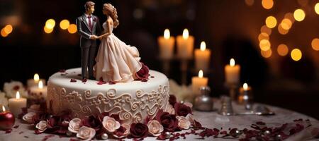 ai generato nozze torta con figure di il sposa e sposo su un' sfocato sfondo generativo ai foto
