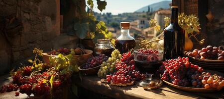 ai generato grappoli di uva e bicchieri di vino su un' sfocato sfondo generativo ai foto