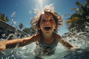 ai generato gioioso poco bambino spruzzi nel il piscina generativo ai foto