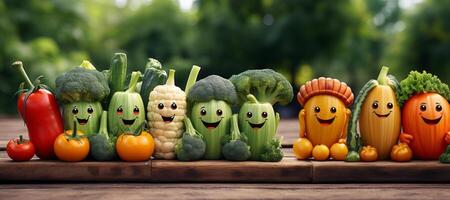 ai generato contento salutare verdure frutta nel un' riga.cartone animato verdura generativo ai foto