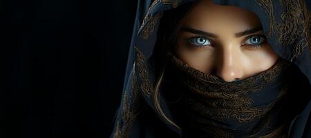 ai generato occhi di un' bellissimo ragazza nel un' nero hijab generativo ai foto