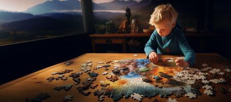 ai generato un' bambino raccoglie puzzle nel il suo camera generativo ai foto