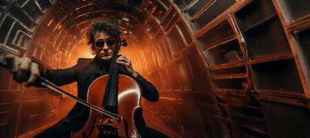 ai generato un' uomo giochi il violoncello appassionatamente generativo ai foto