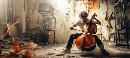 ai generato un' uomo giochi il violoncello appassionatamente generativo ai foto