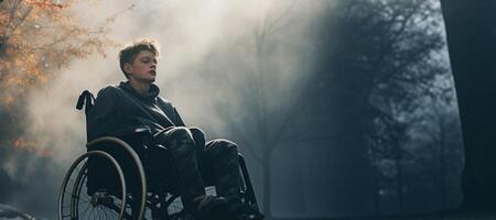 ai generato uomo nel un' sedia a rotelle su il strada generativo ai foto