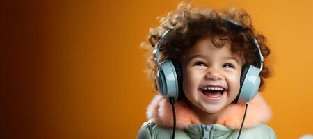 ai generato contento bambino nel cuffie ascoltando per musica bandiera generativo ai foto