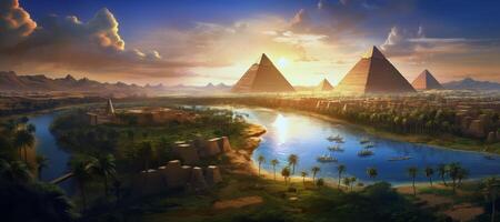 ai generato antico piramidi e fiume contro tramonto sfondo generativo ai foto