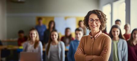 ai generato scuola insegnante su sfocato aula sfondo bandiera generativo ai foto