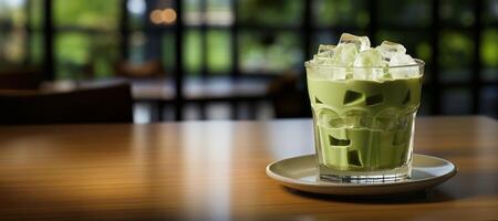 ai generato ghiacciato verde matcha tè misto con un ghiaccio cubo e latte bandiera generativo ai foto