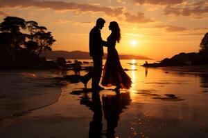 ai generato silhouette di un' coppia nel amore danza su il riva a tramonto generativo ai foto