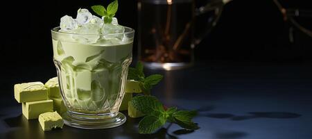 ai generato ghiacciato verde matcha tè misto con un ghiaccio cubo e latte bandiera generativo ai foto