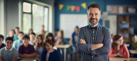 ai generato scuola insegnante su sfocato aula sfondo bandiera generativo ai foto