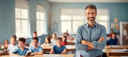 ai generato scuola insegnante su sfocato aula sfondo bandiera generativo ai foto