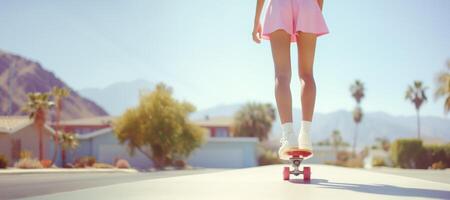 ai generato ragazza nel un' rosa vestito su un' skateboard bandiera generativo ai foto