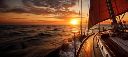 ai generato tramonto Visualizza a partire dal un' yacht su il Aperto mare bandiera generativo ai foto