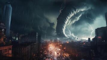 ai generato grande tornado uragano tempesta fulmine buio cielo generativo ai foto