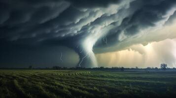 ai generato grande tornado uragano tempesta fulmine buio cielo generativo ai foto