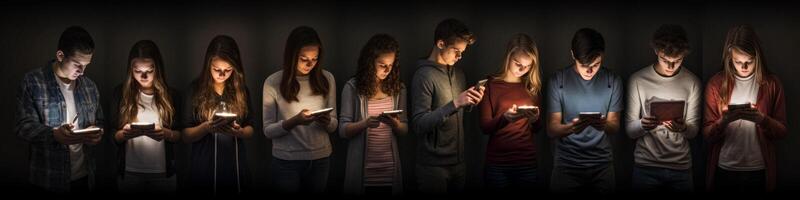 ai generato gruppo di adolescenti Guardando smartphone generativo ai foto