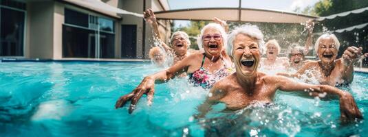 ai generato allegro anziano nonne nuoto nel il piscina generativo ai foto