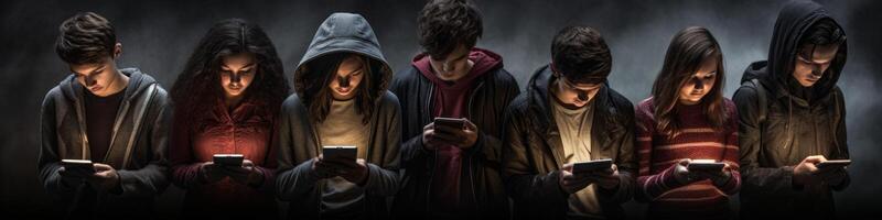 ai generato gruppo di adolescenti Guardando smartphone generativo ai foto