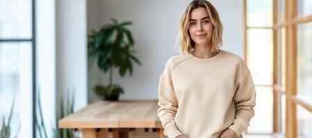 ai generato ragazza nel un' beige maglione generativo ai foto