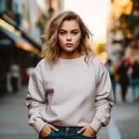 ai generato ragazza nel un' beige maglione generativo ai foto