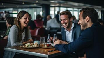 ai generato gruppo di ufficio lavoratori avendo pranzo generativo ai foto